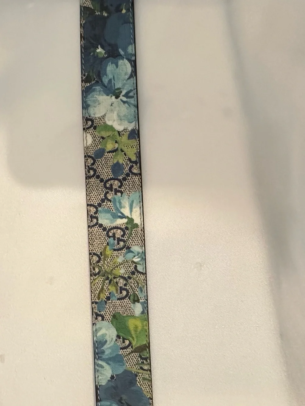 Authentic Gucci GG Blooms Blue and Green Floral Canvas Belt with Silver Buckle